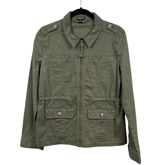 Express Womens Utility Jacket Collared Zip Up Flap‎ Pockets Army Green Size S - Picture 1 of 6